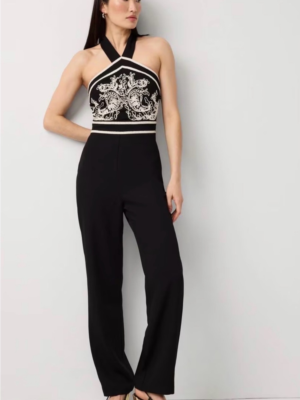 White House Black Market Black Halter Jumpsuit with Cream Embroidery
